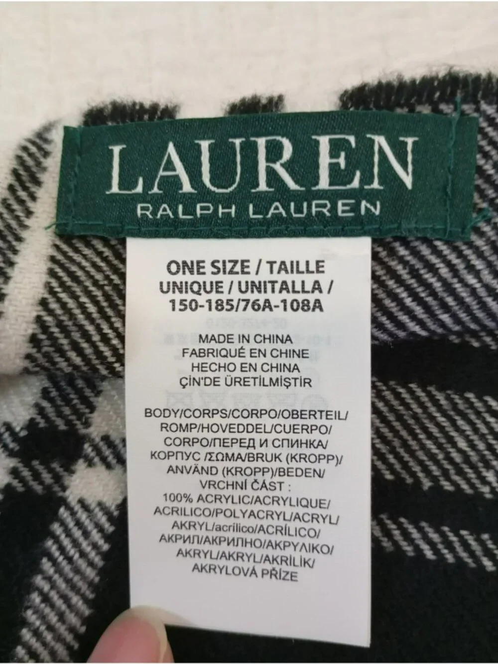 Lauren Ralph Lauren Black White Plaid Scarf Embroidery Fringed Edges